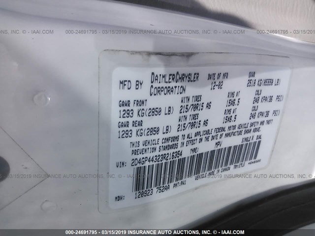 2D4GP44323R216354 - 2003 DODGE GRAND CARAVAN SPORT WHITE photo 9