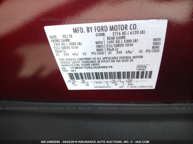 1FM5K7D82JGA98218 - 2018 FORD EXPLORER XLT RED photo 9