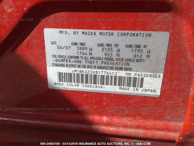 JM1BK323X81776413 - 2008 MAZDA 3 S RED photo 9