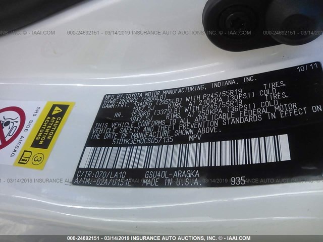 5TDYK3EH0CS057135 - 2012 TOYOTA HIGHLANDER LIMITED WHITE photo 9