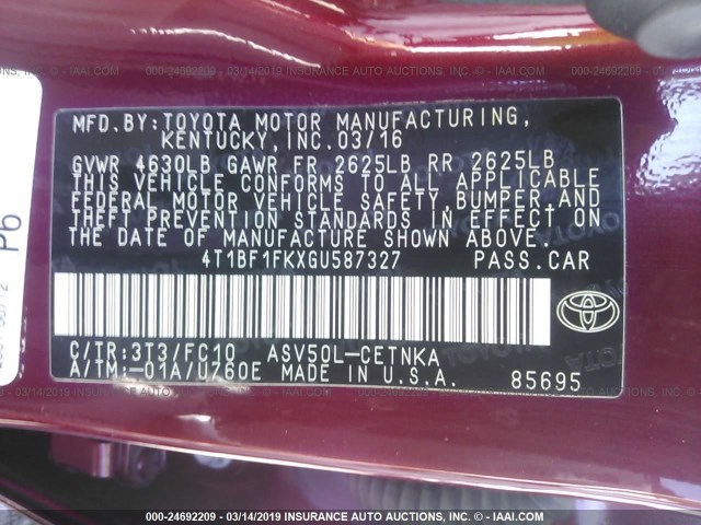 4T1BF1FKXGU587327 - 2016 TOYOTA CAMRY LE/XLE/SE/XSE RED photo 9