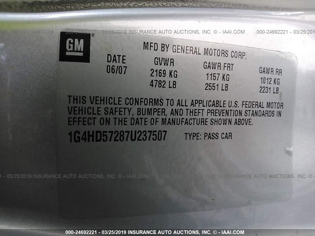 1G4HD57287U237507 - 2007 BUICK LUCERNE CXL SILVER photo 9