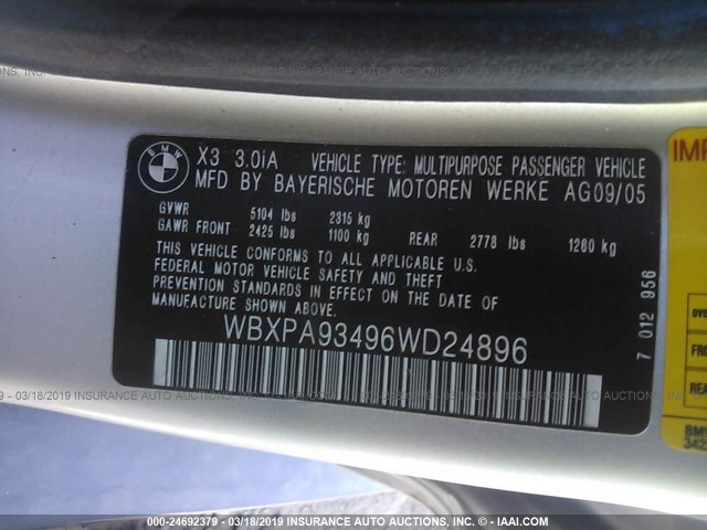 WBXPA93496WD24896 - 2006 BMW X3 3.0I SILVER photo 9