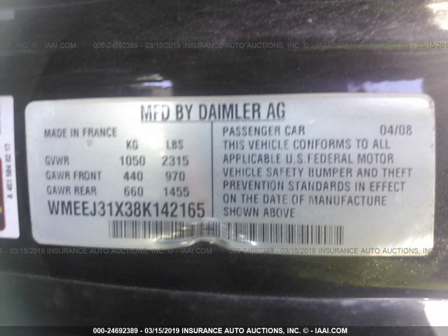 WMEEJ31X38K142165 - 2008 SMART FORTWO PURE/PASSION WHITE photo 9