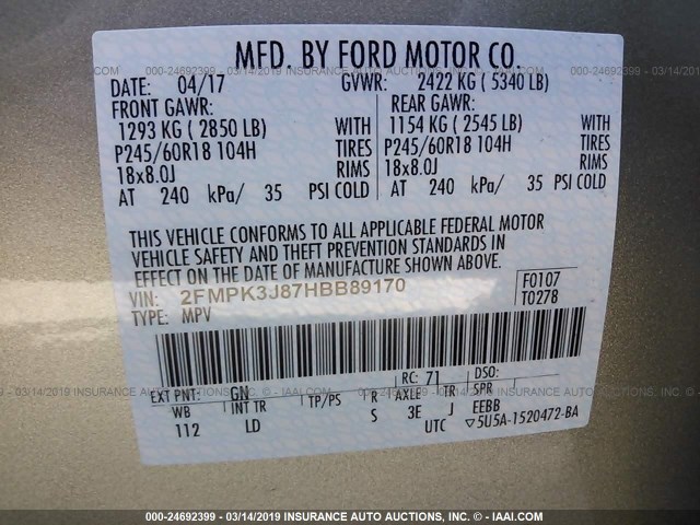 2FMPK3J87HBB89170 - 2017 FORD EDGE SEL GOLD photo 9