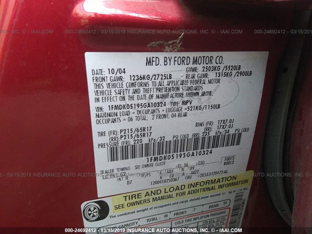 1FMDK05195GA10324 - 2005 FORD FREESTYLE SEL RED photo 9