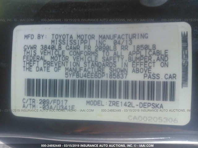 5YFBU4EE6DP185837 - 2013 TOYOTA COROLLA S/LE BLACK photo 9
