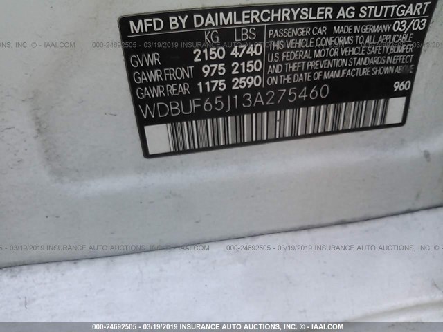 WDBUF65J13A275460 - 2003 MERCEDES-BENZ E 320 WHITE photo 9