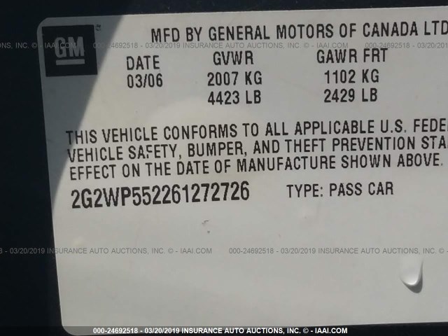 2G2WP552261272726 - 2006 PONTIAC GRAND PRIX 青色 照片 9