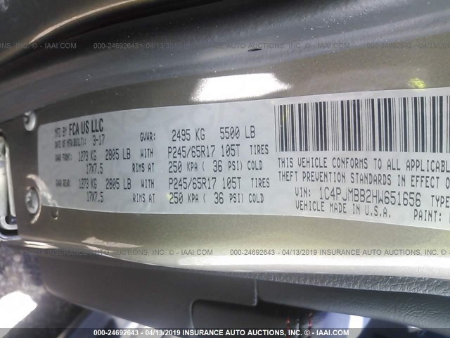 1C4PJMBB2HW651656 - 2017 JEEP CHEROKEE TRAILHAWK 棕色 照片 9