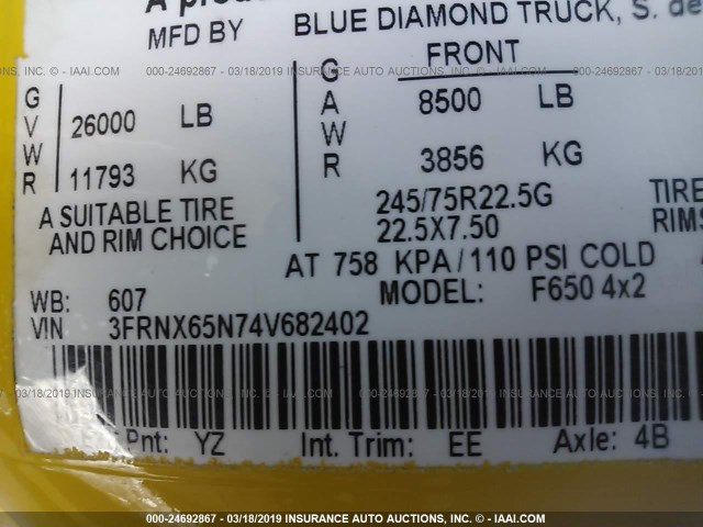 3FRNX65N74V682402 - 2004 FORD F650 SUPER DUTY YELLOW photo 9