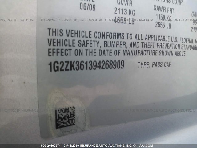 1G2ZK361394268909 - 2009 PONTIAC G6 GT SILVER photo 9