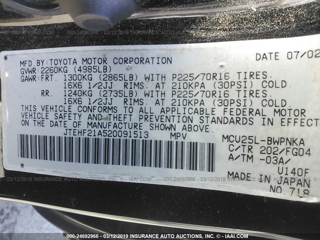 JTEHF21A520091513 - 2002 TOYOTA HIGHLANDER LIMITED BLACK photo 9