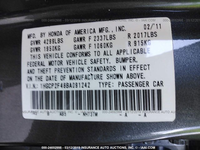 1HGCP2F48BA091242 - 2011 HONDA ACCORD LXP GRAY photo 9