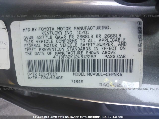 4T1BF32K12U512252 - 2002 TOYOTA CAMRY LE/XLE/SE GRAY photo 9