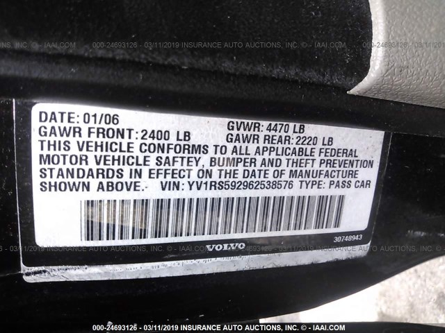 YV1RS592962538576 - 2006 VOLVO S60 2.5T BLACK photo 9