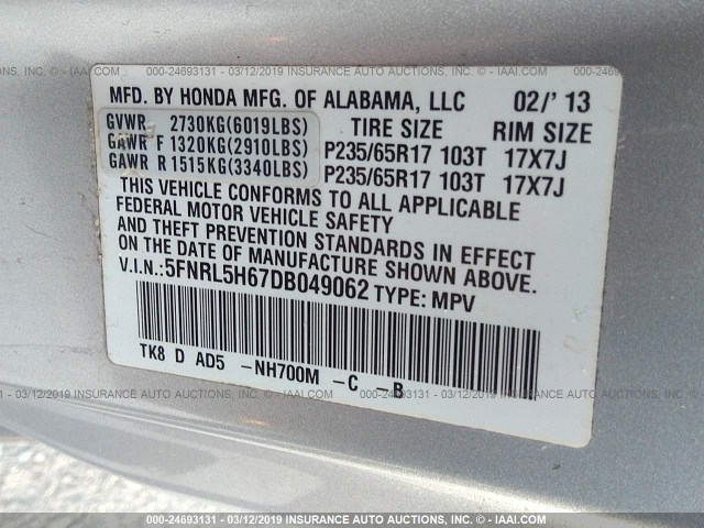 5FNRL5H67DB049062 - 2013 HONDA ODYSSEY EXL SILVER photo 9