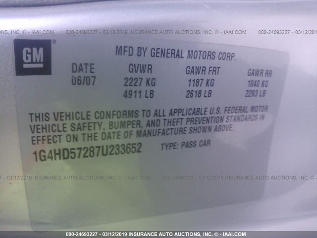 1G4HD57287U233652 - 2007 BUICK LUCERNE CXL SILVER photo 9