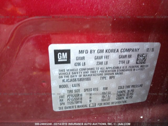 KL4CJASB7GB591855 - 2016 BUICK ENCORE RED photo 9