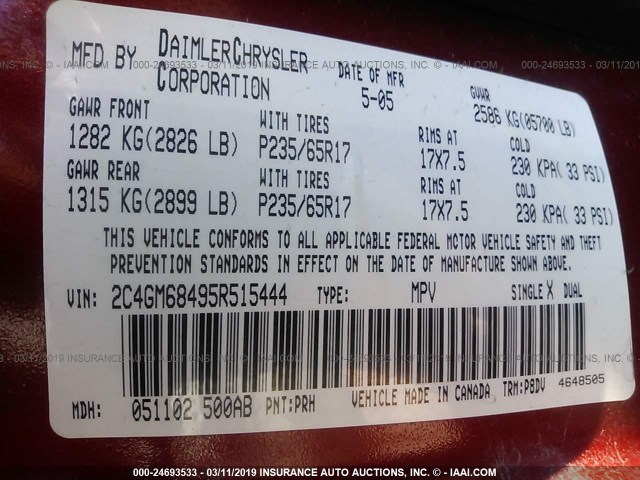 2C4GM68495R515444 - 2005 CHRYSLER PACIFICA TOURING RED photo 9