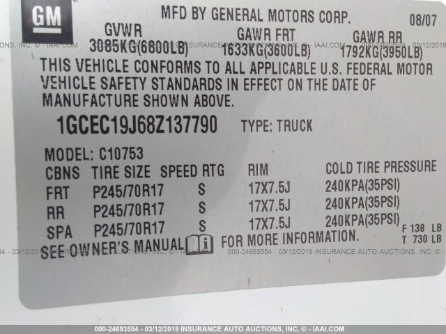 1GCEC19J68Z137790 - 2008 CHEVROLET SILVERADO C1500 WHITE photo 9