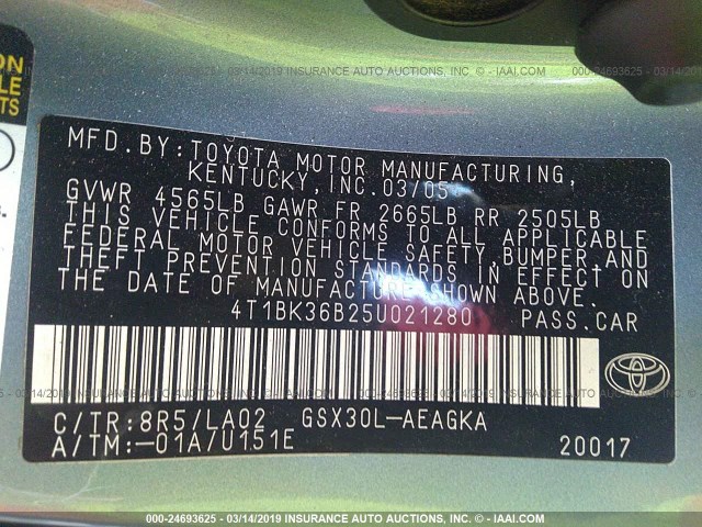 4T1BK36B25U021280 - 2005 TOYOTA AVALON XL/XLS/TOURING/LIMITED BLUE photo 9