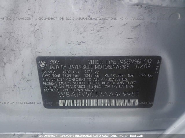 WBAPK5C52AA649983 - 2010 BMW 328 XI SULEV SILVER photo 9