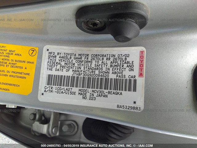 JTHBF30G920084620 - 2002 LEXUS ES 300 SILVER photo 9