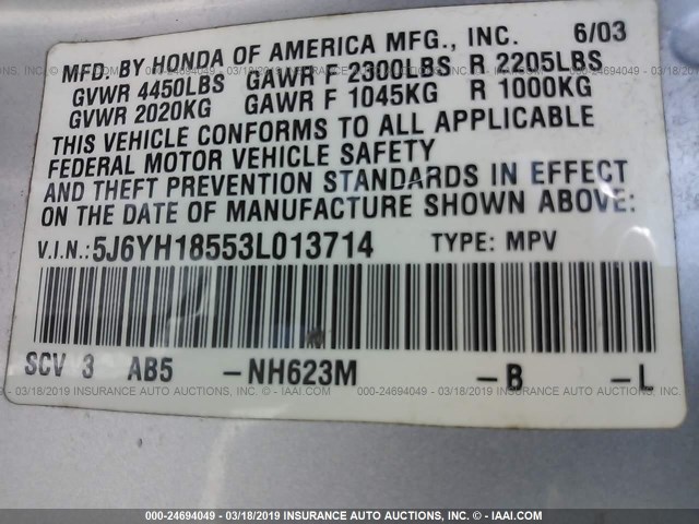 5J6YH18553L013714 - 2003 HONDA ELEMENT EX SILVER photo 9