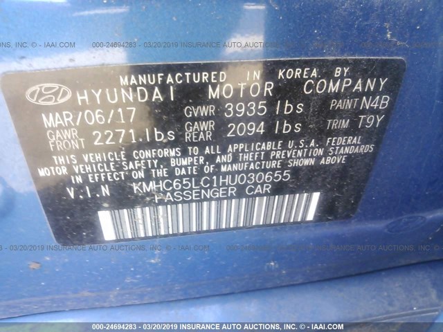 KMHC65LC1HU030655 - 2017 HYUNDAI IONIQ BLUE BLUE photo 9