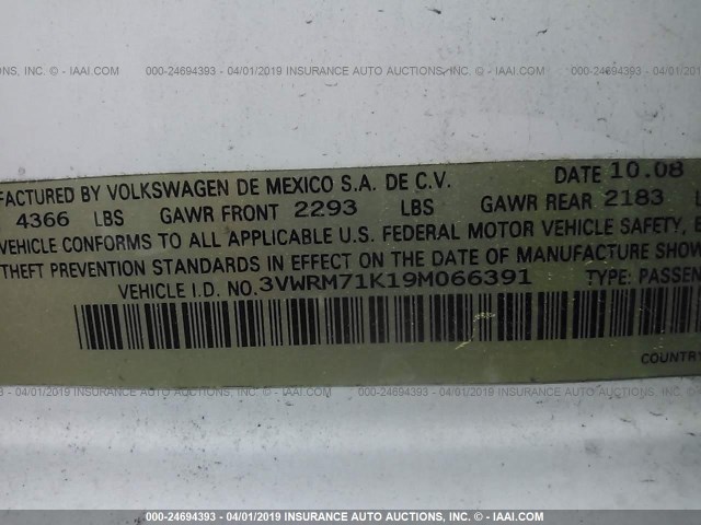 3VWRM71K19M066391 - 2009 VOLKSWAGEN JETTA SE/SEL WHITE photo 9