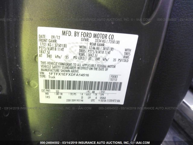 1FTFX1EFXDFA14516 - 2013 FORD F150 SUPER CAB GRAY photo 9