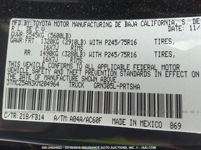 3TMCZ5AN3KM204964 - 2019 TOYOTA TACOMA DOUBLE CAB/SR/SR5/TRD SPO BLACK photo 9