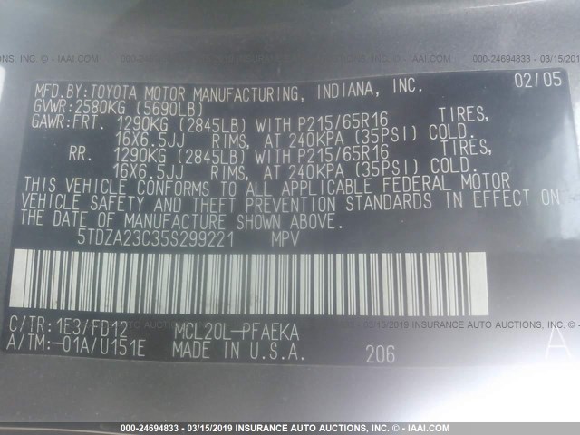 5TDZA23C35S299221 - 2005 TOYOTA SIENNA CE/LE GRAY photo 9