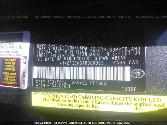 4T4BF3EK6AR080953 - 2010 TOYOTA CAMRY SE/LE/XLE GRAY photo 9