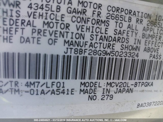 JT8BF28G9W5023324 - 1998 LEXUS ES 300 GRAY photo 9