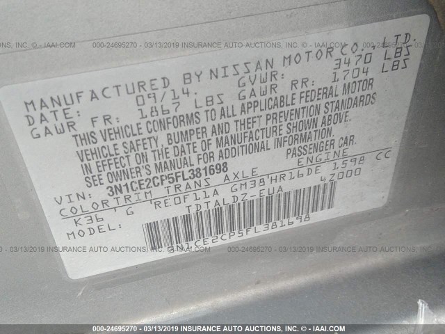 3N1CE2CP5FL381698 - 2015 NISSAN VERSA NOTE S/S PLUS/SV/SL/SR SILVER photo 9