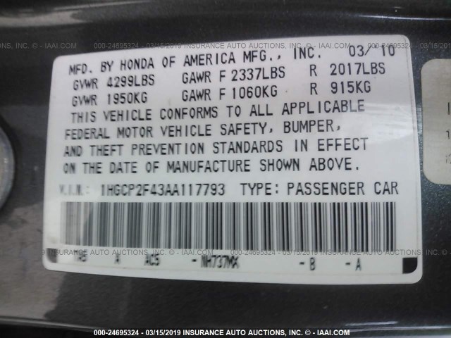 1HGCP2F43AA117793 - 2010 HONDA ACCORD LXP GRAY photo 9