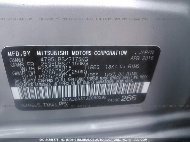 JA4AD2A31JZ060292 - 2018 MITSUBISHI OUTLANDER ES SILVER photo 9