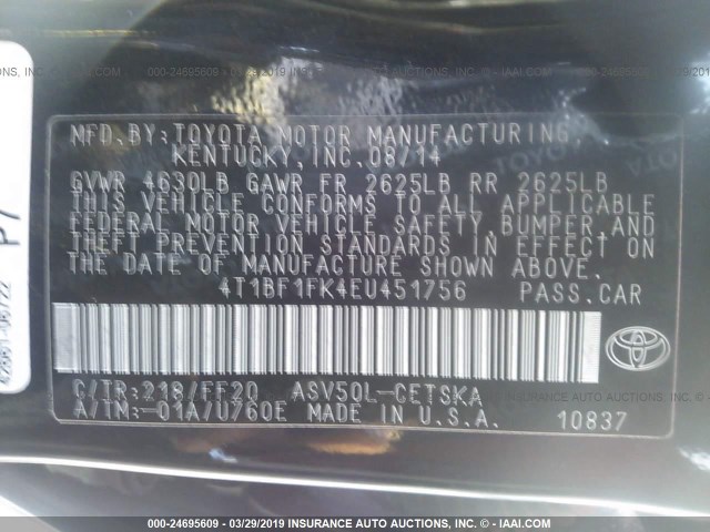 4T1BF1FK4EU451756 - 2014 TOYOTA CAMRY L/SE/LE/XLE 黑色 照片 9