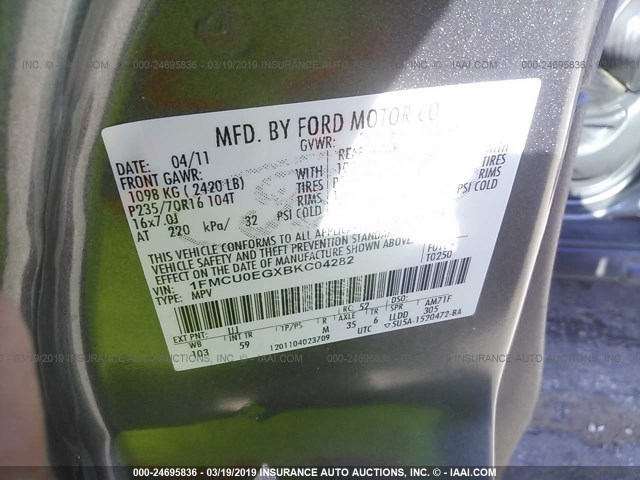 1FMCU0EGXBKC04282 - 2011 FORD ESCAPE LIMITED GRAY photo 9