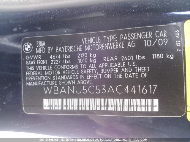 WBANU5C53AC441617 - 2010 BMW 528 I 黑色 照片 9