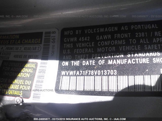 WVWFA71F78V013703 - 2008 VOLKSWAGEN EOS LUX Сірий фото 9