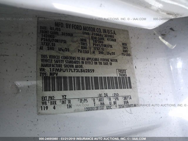 1FMPU17L73LB62859 - 2003 FORD EXPEDITION EDDIE BAUER WHITE photo 9