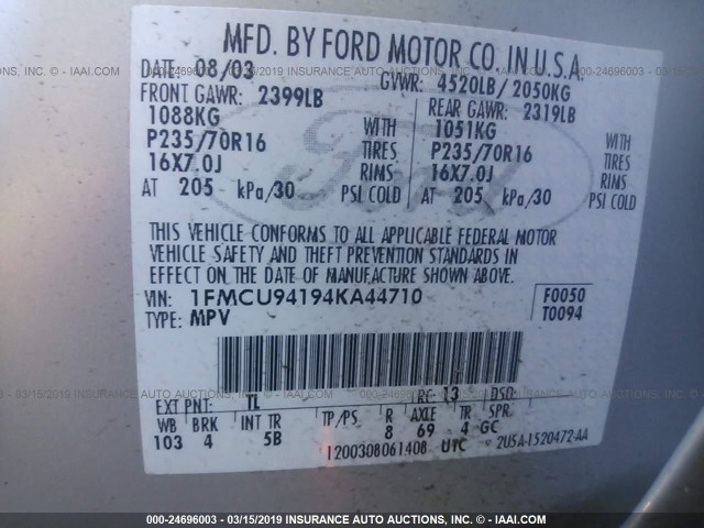 1FMCU94194KA44710 - 2004 FORD ESCAPE LIMITED SILVER photo 9