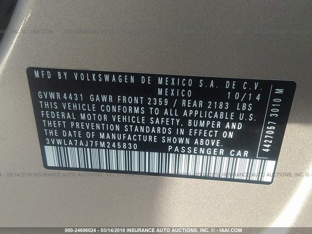 3VWLA7AJ7FM245830 - 2015 VOLKSWAGEN JETTA TDI SILVER photo 9