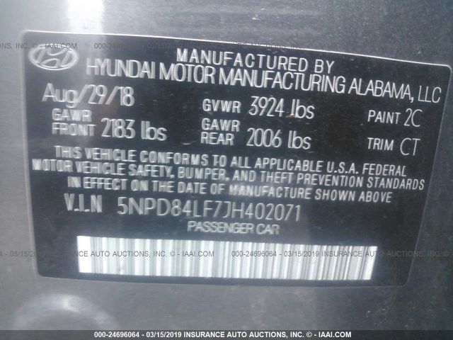 5NPD84LF7JH402071 - 2018 HYUNDAI ELANTRA SEL/VALUE/LIMITED GRAY photo 9