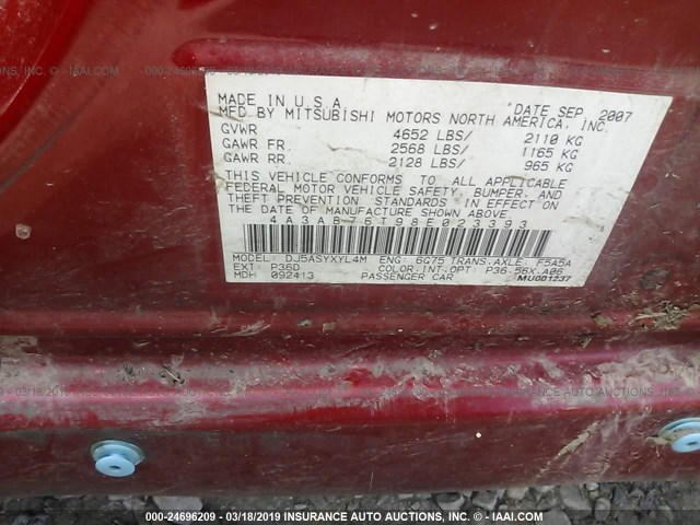 4A3AB76T98E023393 - 2008 MITSUBISHI GALANT RALLIART RED photo 9