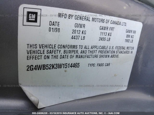 2G4WB52K3W1514465 - 1998 BUICK REGAL LS GRAY photo 9