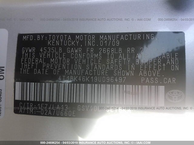 4T1BK46K19U096497 - 2009 TOYOTA CAMRY SE/LE/XLE SILVER photo 9